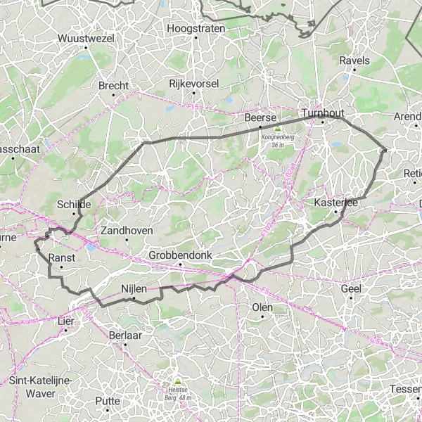 Map miniature of "The Road to Oud-Turnhout" cycling inspiration in Prov. Antwerpen, Belgium. Generated by Tarmacs.app cycling route planner