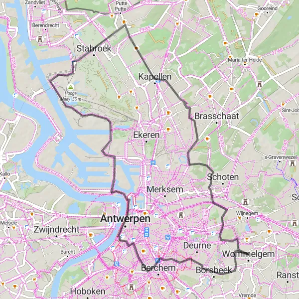 Map miniature of "Road Cycling in Northern Antwerp" cycling inspiration in Prov. Antwerpen, Belgium. Generated by Tarmacs.app cycling route planner