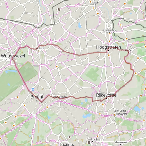 Miniatuurkaart van de fietsinspiratie "Sint-Lenaarts en Hoogstraten Gravelroute" in Prov. Antwerpen, Belgium. Gemaakt door de Tarmacs.app fietsrouteplanner