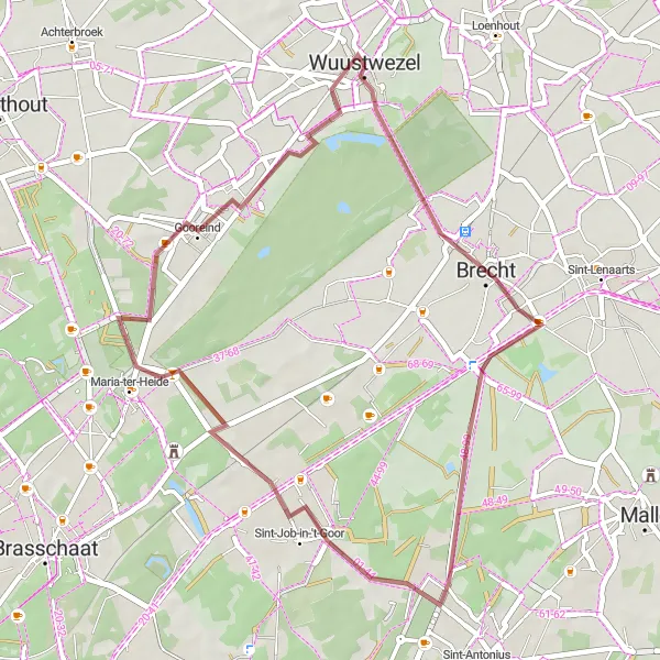 Miniatuurkaart van de fietsinspiratie "Gravelroute door Brecht en Maria-ter-Heide" in Prov. Antwerpen, Belgium. Gemaakt door de Tarmacs.app fietsrouteplanner