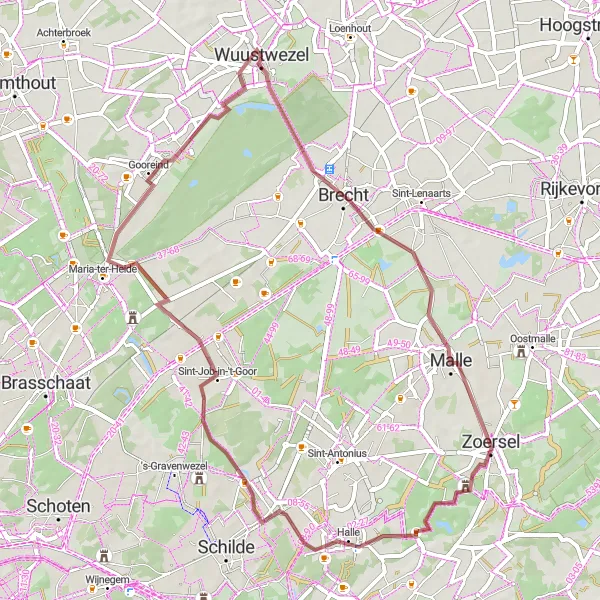 Miniatuurkaart van de fietsinspiratie "Gravelroute door Malle en Sint-Job-in-'t-Goor" in Prov. Antwerpen, Belgium. Gemaakt door de Tarmacs.app fietsrouteplanner