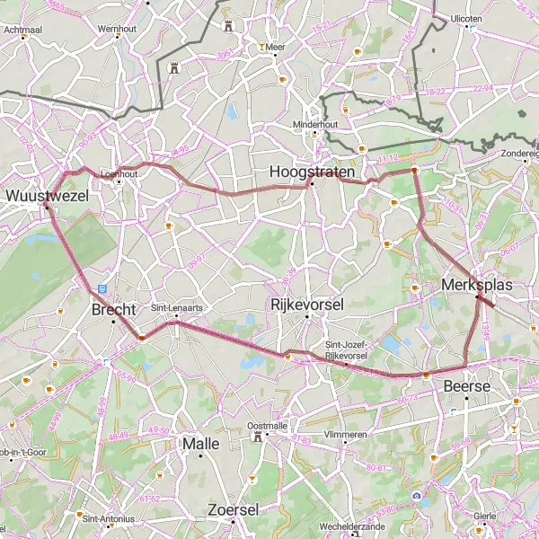 Map miniature of "Hoogstraten's Gravel Gems" cycling inspiration in Prov. Antwerpen, Belgium. Generated by Tarmacs.app cycling route planner