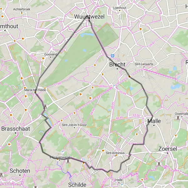 Map miniature of "Wuustwezel Loop: Hidden Treasures of Antwerpen" cycling inspiration in Prov. Antwerpen, Belgium. Generated by Tarmacs.app cycling route planner