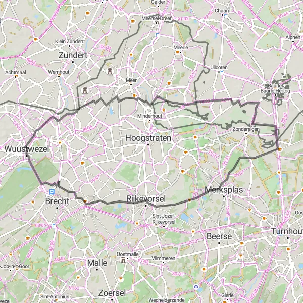 Karten-Miniaturansicht der Radinspiration "Rundtour durch Rijkevorsel und Sint-Lenaarts" in Prov. Antwerpen, Belgium. Erstellt vom Tarmacs.app-Routenplaner für Radtouren