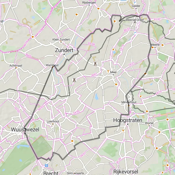 Miniatuurkaart van de fietsinspiratie "Wegroute door Braken en Wernhout" in Prov. Antwerpen, Belgium. Gemaakt door de Tarmacs.app fietsrouteplanner
