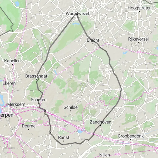 Map miniature of "Road Cycling Adventure in Schoten" cycling inspiration in Prov. Antwerpen, Belgium. Generated by Tarmacs.app cycling route planner