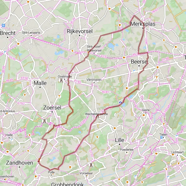 Map miniature of "Merksplas Gravel Adventure" cycling inspiration in Prov. Antwerpen, Belgium. Generated by Tarmacs.app cycling route planner