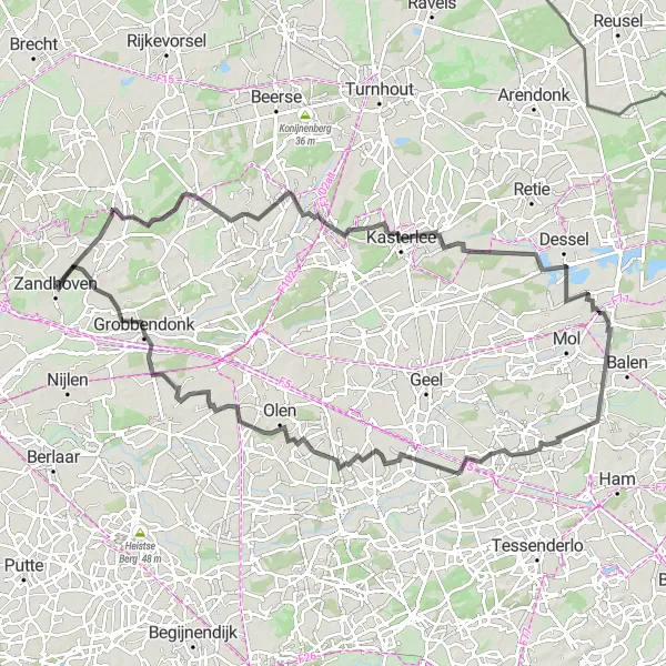 Karten-Miniaturansicht der Radinspiration "Rundfahrt Zandhoven-Grobbendonk" in Prov. Antwerpen, Belgium. Erstellt vom Tarmacs.app-Routenplaner für Radtouren