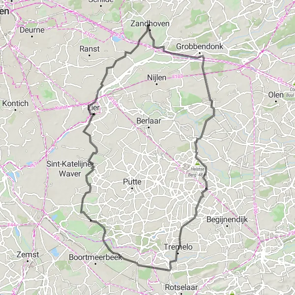Miniature de la carte de l'inspiration cycliste "Circuit de la Campine" dans la Prov. Antwerpen, Belgium. Générée par le planificateur d'itinéraire cycliste Tarmacs.app