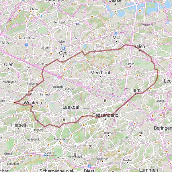 Map miniature of "Tongerlo Gravel Loop" cycling inspiration in Prov. Antwerpen, Belgium. Generated by Tarmacs.app cycling route planner