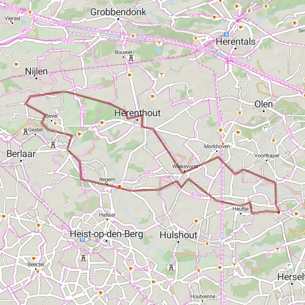 Miniatuurkaart van de fietsinspiratie "Gravelroute door de Kempense natuur" in Prov. Antwerpen, Belgium. Gemaakt door de Tarmacs.app fietsrouteplanner