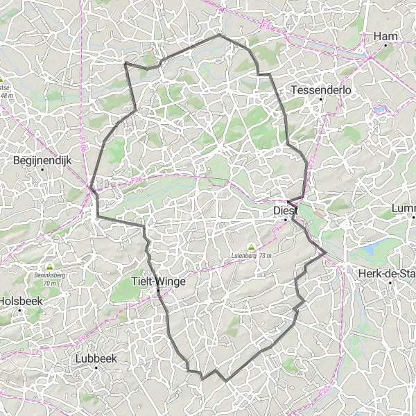 Miniatuurkaart van de fietsinspiratie "Wegroute Westerlo - Diest - Aarschot" in Prov. Antwerpen, Belgium. Gemaakt door de Tarmacs.app fietsrouteplanner