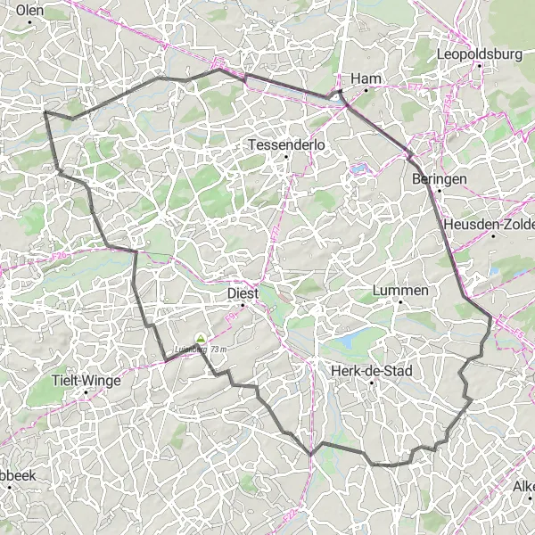 Map miniature of "The Hills of Flemish Brabant" cycling inspiration in Prov. Antwerpen, Belgium. Generated by Tarmacs.app cycling route planner