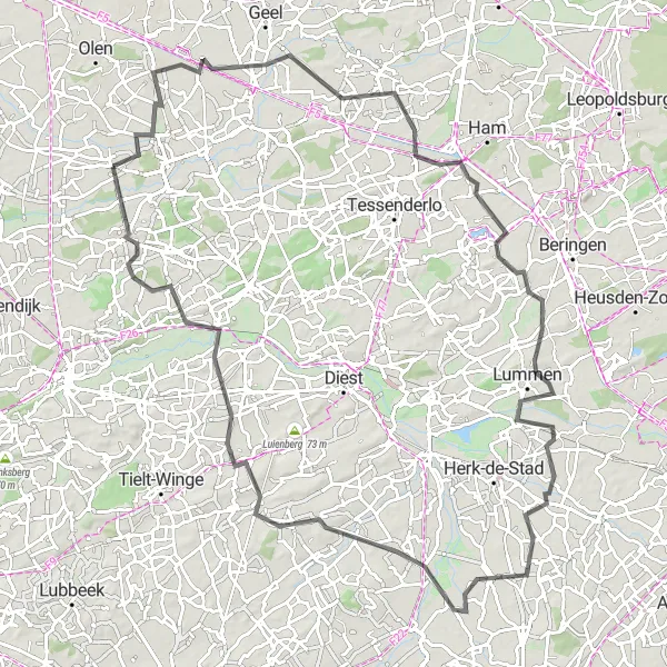 Miniature de la carte de l'inspiration cycliste "Les Châteaux de la Campine" dans la Prov. Antwerpen, Belgium. Générée par le planificateur d'itinéraire cycliste Tarmacs.app