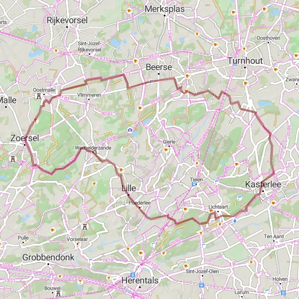 Miniatuurkaart van de fietsinspiratie "Gravelroute naar Vosselaar" in Prov. Antwerpen, Belgium. Gemaakt door de Tarmacs.app fietsrouteplanner