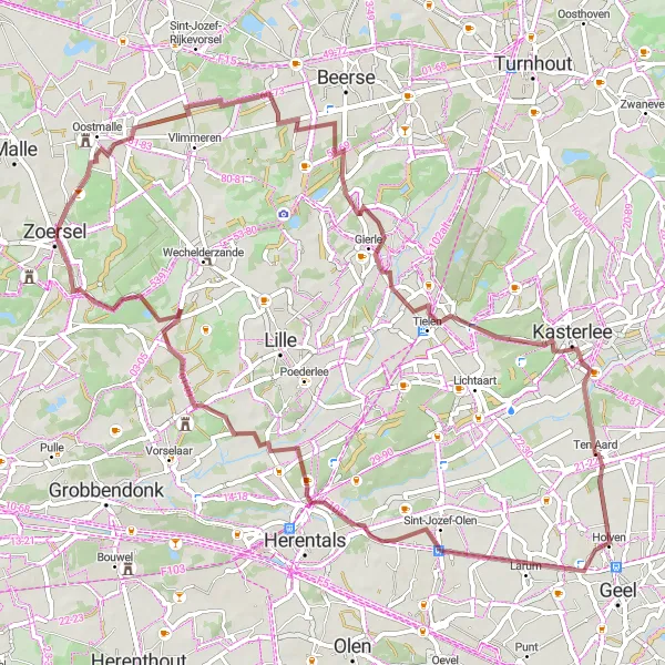 Map miniature of "The Oostmalle Gravel Adventure" cycling inspiration in Prov. Antwerpen, Belgium. Generated by Tarmacs.app cycling route planner