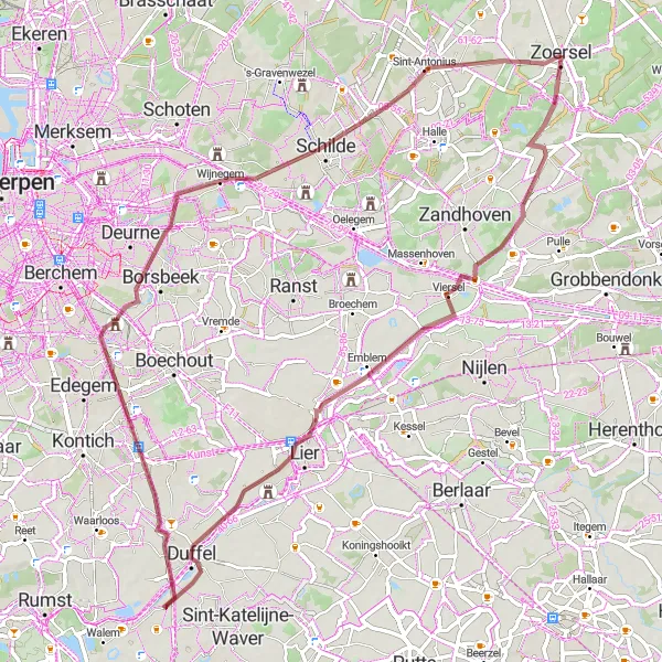 Miniature de la carte de l'inspiration cycliste "La Route des Châteaux et de la Rivière" dans la Prov. Antwerpen, Belgium. Générée par le planificateur d'itinéraire cycliste Tarmacs.app