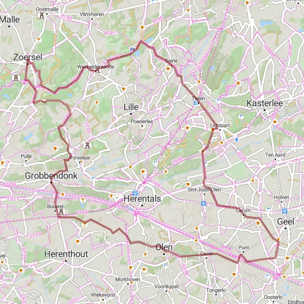 Map miniature of "Gravel Adventure: Wechelderzande to Grobbendonk" cycling inspiration in Prov. Antwerpen, Belgium. Generated by Tarmacs.app cycling route planner