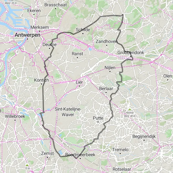 Map miniature of "Zoersel to Sint-Antonius Adventure" cycling inspiration in Prov. Antwerpen, Belgium. Generated by Tarmacs.app cycling route planner