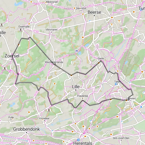 Miniature de la carte de l'inspiration cycliste "Parcours Route dans la Campine" dans la Prov. Antwerpen, Belgium. Générée par le planificateur d'itinéraire cycliste Tarmacs.app