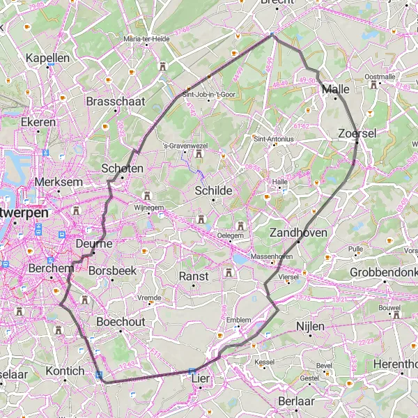 Karten-Miniaturansicht der Radinspiration "Straßenroute Zoersel" in Prov. Antwerpen, Belgium. Erstellt vom Tarmacs.app-Routenplaner für Radtouren