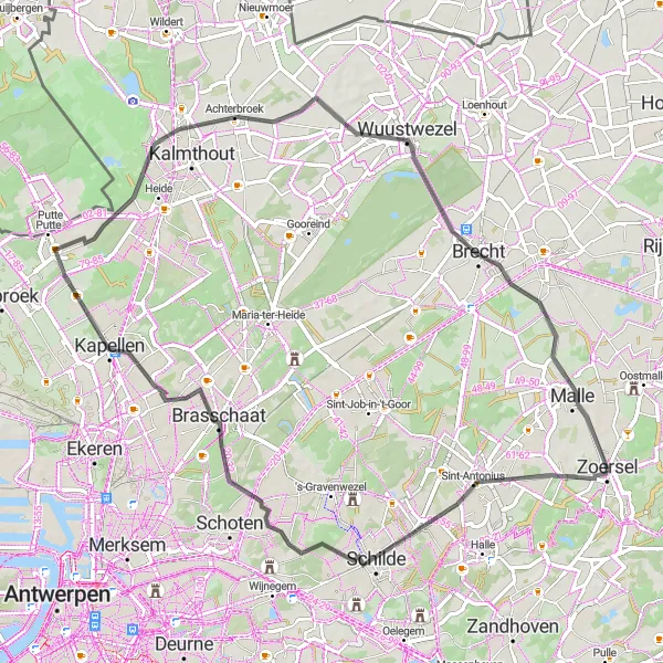 Map miniature of "Zoersel to Sint-Antonius" cycling inspiration in Prov. Antwerpen, Belgium. Generated by Tarmacs.app cycling route planner