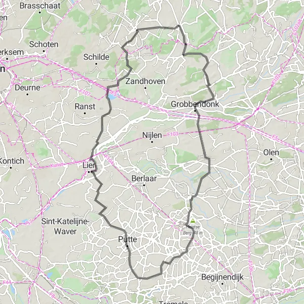 Miniature de la carte de l'inspiration cycliste "Le Tour des Moulins et des Tours d'Observation" dans la Prov. Antwerpen, Belgium. Générée par le planificateur d'itinéraire cycliste Tarmacs.app