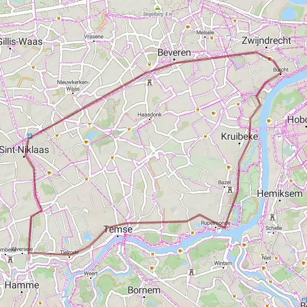 Karten-Miniaturansicht der Radinspiration "Gravelroute Zwijndrecht - Kruibeke - Temse - Sint-Niklaas - Beveren" in Prov. Antwerpen, Belgium. Erstellt vom Tarmacs.app-Routenplaner für Radtouren