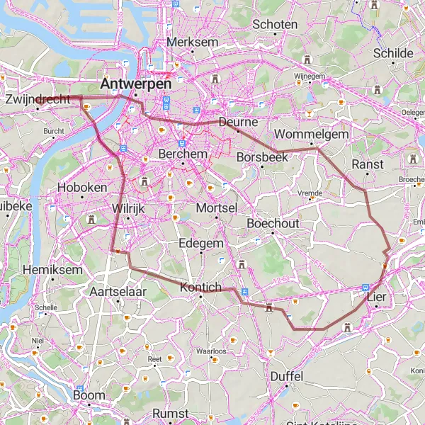 Miniature de la carte de l'inspiration cycliste "Randonnée à travers les routes de gravier" dans la Prov. Antwerpen, Belgium. Générée par le planificateur d'itinéraire cycliste Tarmacs.app