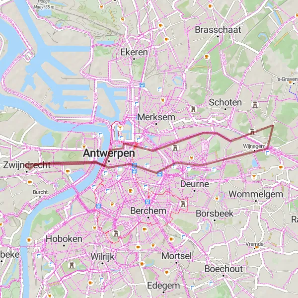 Miniature de la carte de l'inspiration cycliste "Grenier d'Antwerp Gravel Adventure" dans la Prov. Antwerpen, Belgium. Générée par le planificateur d'itinéraire cycliste Tarmacs.app