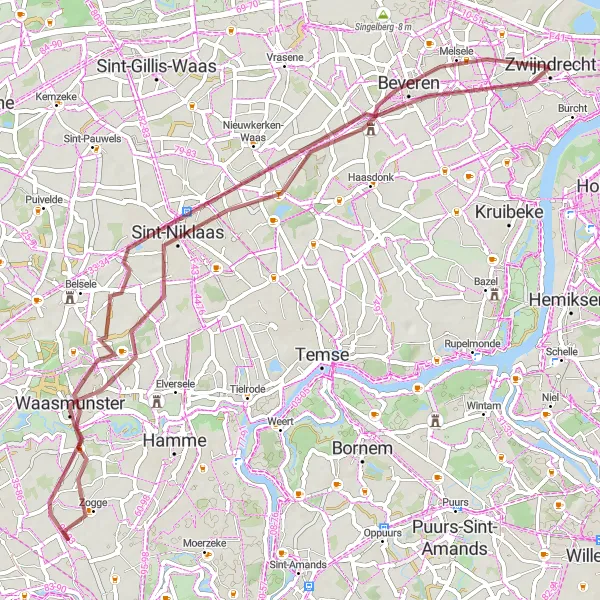 Map miniature of "Scenic Gravel Tour near Zwijndrecht" cycling inspiration in Prov. Antwerpen, Belgium. Generated by Tarmacs.app cycling route planner