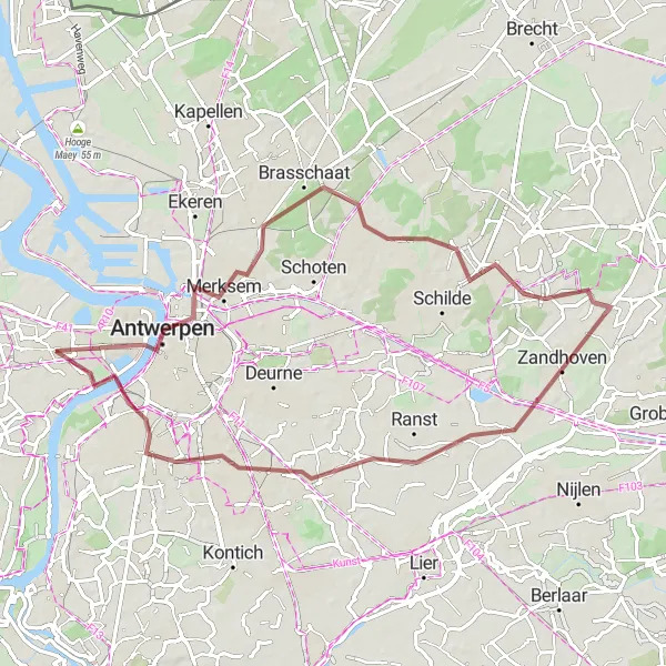 Map miniature of "Gravel Route through Antwerpen Province" cycling inspiration in Prov. Antwerpen, Belgium. Generated by Tarmacs.app cycling route planner