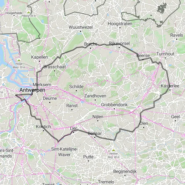 Map miniature of "Antwerp Skyline Loop" cycling inspiration in Prov. Antwerpen, Belgium. Generated by Tarmacs.app cycling route planner