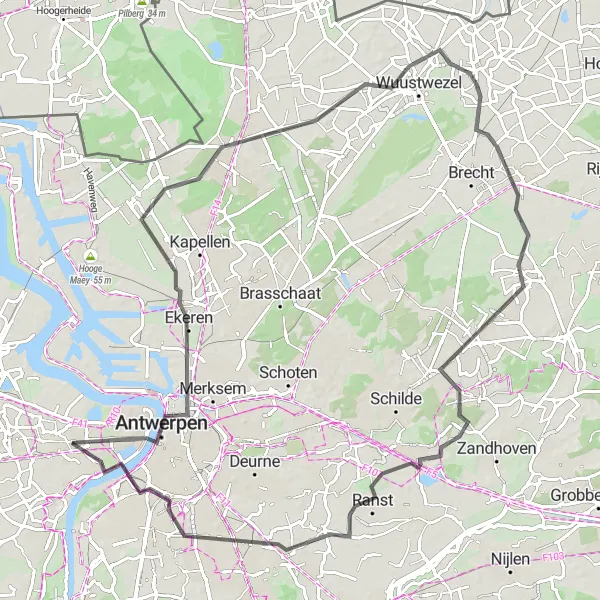 Miniature de la carte de l'inspiration cycliste "Escapade à vélo dans la région d'Anvers" dans la Prov. Antwerpen, Belgium. Générée par le planificateur d'itinéraire cycliste Tarmacs.app