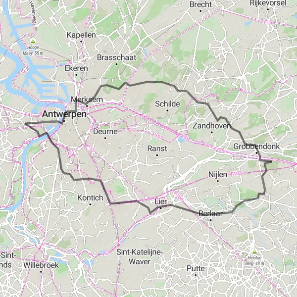 Miniature de la carte de l'inspiration cycliste "Randonnée routière des environs d'Anvers" dans la Prov. Antwerpen, Belgium. Générée par le planificateur d'itinéraire cycliste Tarmacs.app