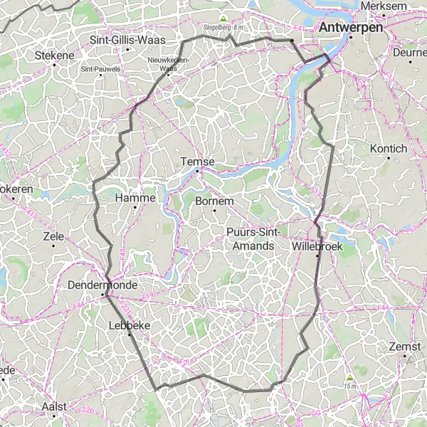 Miniatuurkaart van de fietsinspiratie "Fietsen door Scheldeland en Denderstreek" in Prov. Antwerpen, Belgium. Gemaakt door de Tarmacs.app fietsrouteplanner