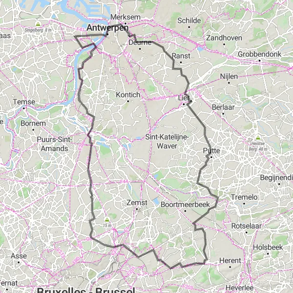 Miniatuurkaart van de fietsinspiratie "Zwijndrecht - Haacht - Zwijndrecht" in Prov. Antwerpen, Belgium. Gemaakt door de Tarmacs.app fietsrouteplanner