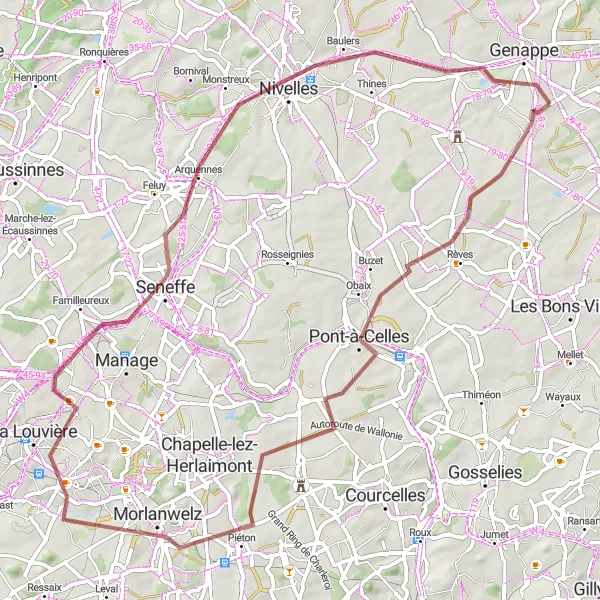 Miniatuurkaart van de fietsinspiratie "Route vanuit Baisy-Thy naar Nivelles via Pont-à-Celles" in Prov. Brabant Wallon, Belgium. Gemaakt door de Tarmacs.app fietsrouteplanner