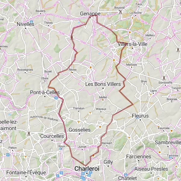 Miniature de la carte de l'inspiration cycliste "Arbre de la Bruyère - Charleroi - Pont-à-Celles" dans la Prov. Brabant Wallon, Belgium. Générée par le planificateur d'itinéraire cycliste Tarmacs.app
