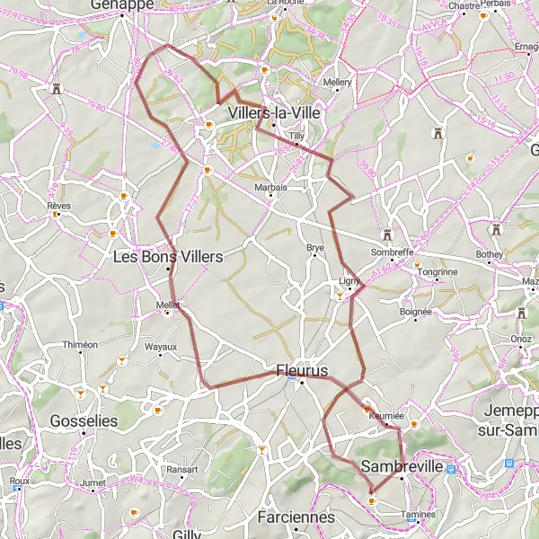 Miniature de la carte de l'inspiration cycliste "Villers-la-Ville - Fleurus - Baisy-Thy" dans la Prov. Brabant Wallon, Belgium. Générée par le planificateur d'itinéraire cycliste Tarmacs.app