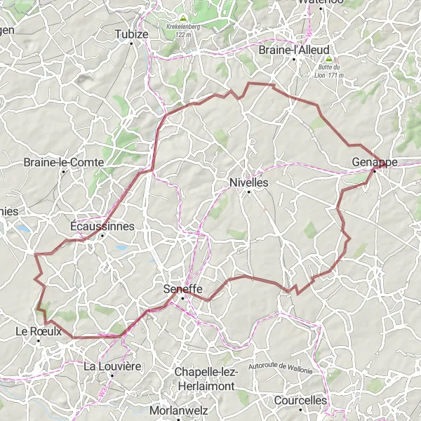 Map miniature of "Gravel Route 54798" cycling inspiration in Prov. Brabant Wallon, Belgium. Generated by Tarmacs.app cycling route planner