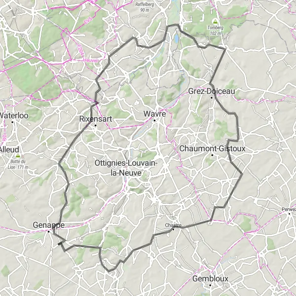 Map miniature of "Breathtaking Scenery" cycling inspiration in Prov. Brabant Wallon, Belgium. Generated by Tarmacs.app cycling route planner