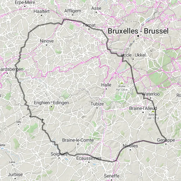 Map miniature of "Historical Journey" cycling inspiration in Prov. Brabant Wallon, Belgium. Generated by Tarmacs.app cycling route planner