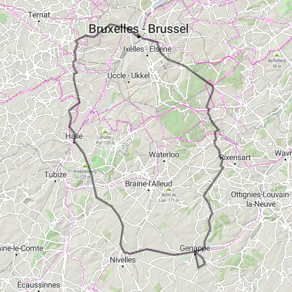 Map miniature of "Road Route 54785" cycling inspiration in Prov. Brabant Wallon, Belgium. Generated by Tarmacs.app cycling route planner