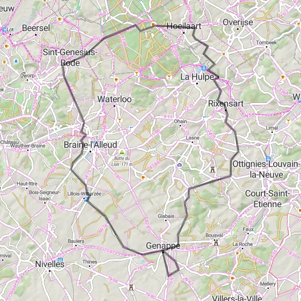 Map miniature of "Braine-l'Alleud and Genappe" cycling inspiration in Prov. Brabant Wallon, Belgium. Generated by Tarmacs.app cycling route planner
