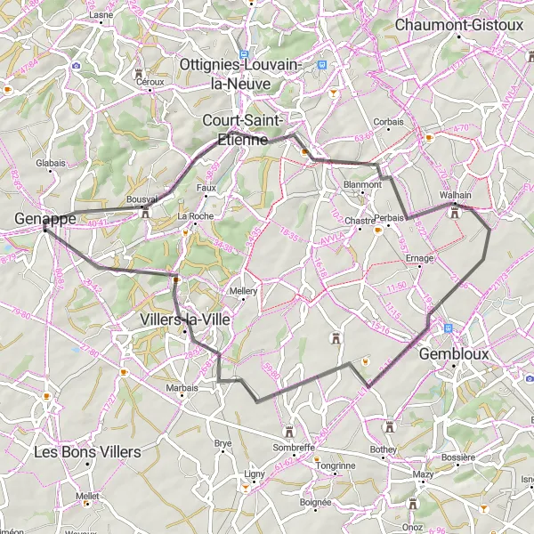 Map miniature of "Court-Saint-Etienne and Walhain" cycling inspiration in Prov. Brabant Wallon, Belgium. Generated by Tarmacs.app cycling route planner