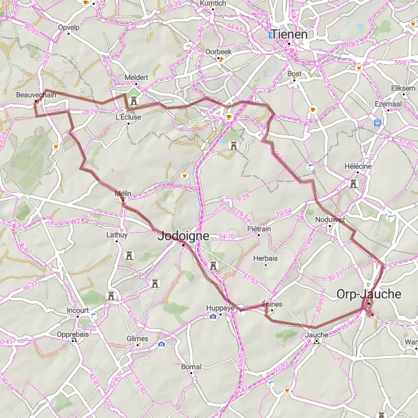 Karten-Miniaturansicht der Radinspiration "Gravelroute von Beauvechain nach Mélin" in Prov. Brabant Wallon, Belgium. Erstellt vom Tarmacs.app-Routenplaner für Radtouren