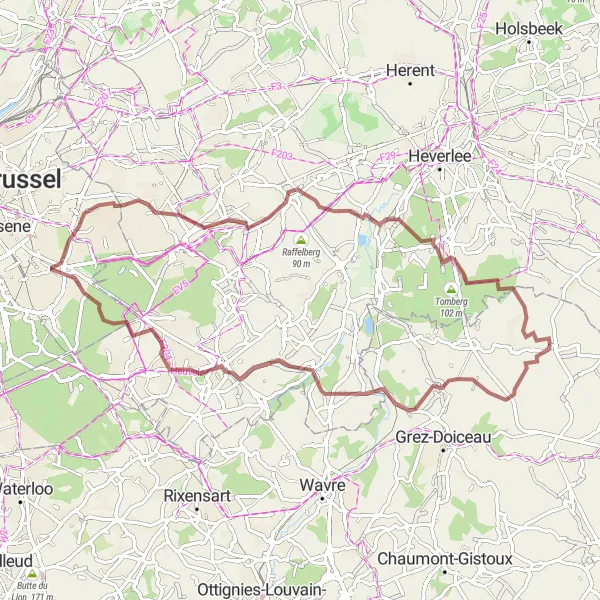 Map miniature of "Archennes and Overijse Gravel Route" cycling inspiration in Prov. Brabant Wallon, Belgium. Generated by Tarmacs.app cycling route planner
