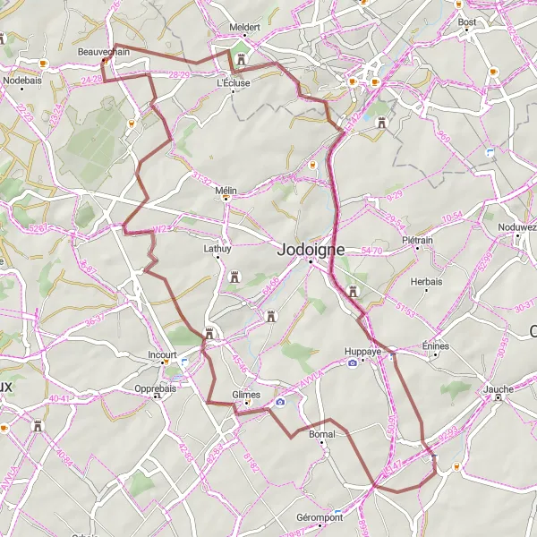 Map miniature of "Exploring the Rural Charm of Beauvechain" cycling inspiration in Prov. Brabant Wallon, Belgium. Generated by Tarmacs.app cycling route planner