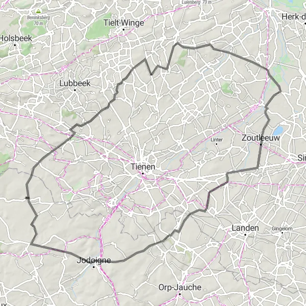 Map miniature of "Kerkom and La Bruyère Road Route" cycling inspiration in Prov. Brabant Wallon, Belgium. Generated by Tarmacs.app cycling route planner